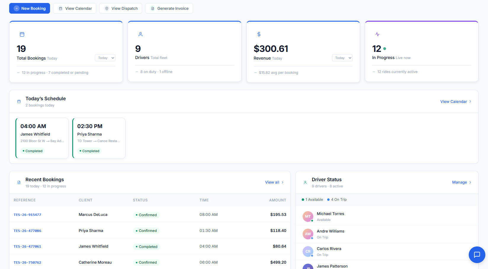 DrivOQ dashboard showing the day's bookings, revenue, today's schedule, and live driver status