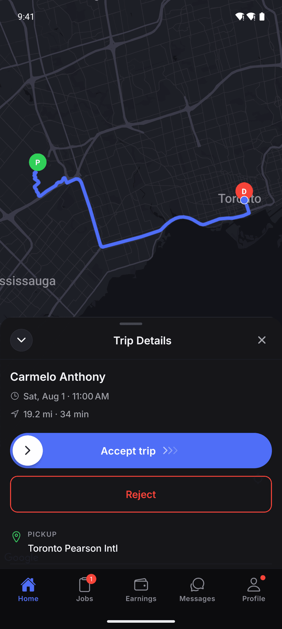 DrivOQ driver app showing a trip offer with the route on the map and the Accept trip slider