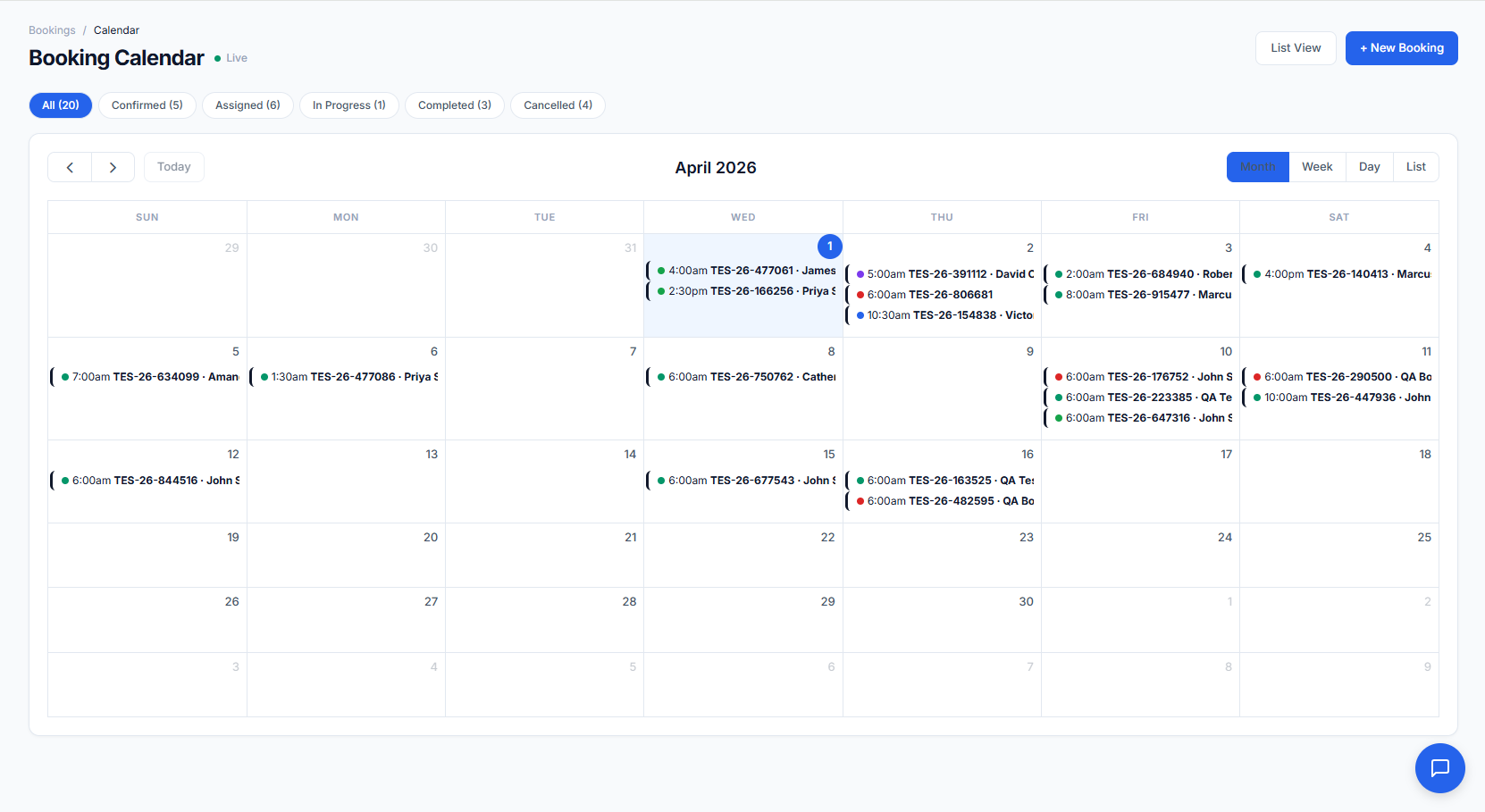 Calendar view with color-coded bookings across the month